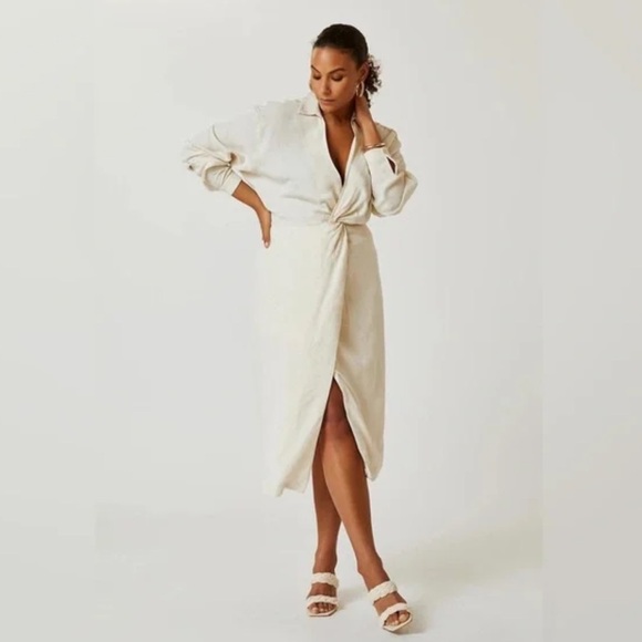 NWT Anthropologie V Neck Knot Front Long Sleeve Faux
Wrap Midi Dress Ivory Linen - Picture 8 of 15
